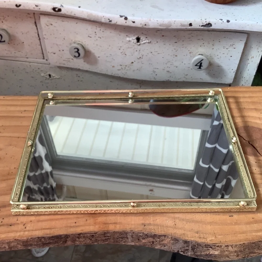 Vintage Dressing Table Brass Mirrored Vanity Tray
